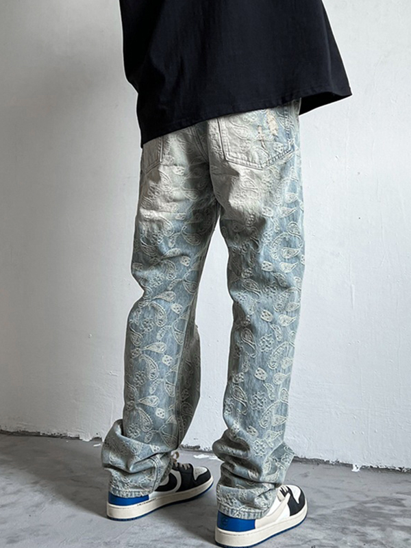 Men's Cashew Flower Print Ripped Loose Jeans-1