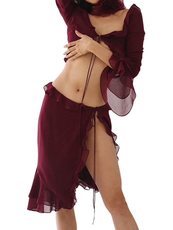 Chiffon Ruffled Trim Tie Front Long Sleeve Tee&Split Skirt Set-2