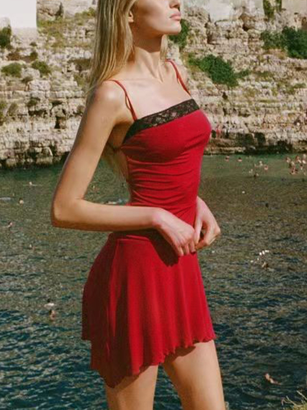 Lace Splice Backless Tie Up Mini Dress-3