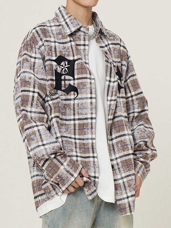 Men's Embroidered Tie Dye Checkered Long Sleeve Shirt-1
