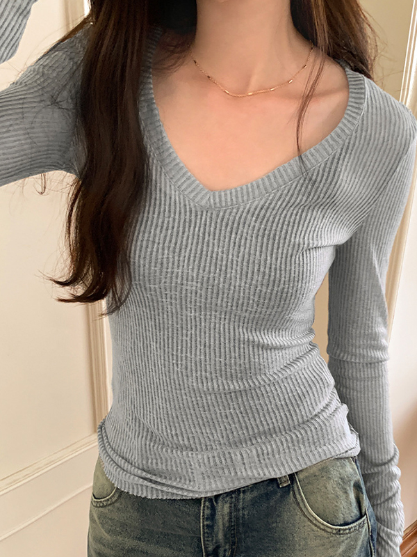 Ribbed V Neck Slim Long Sleeve Knit-4