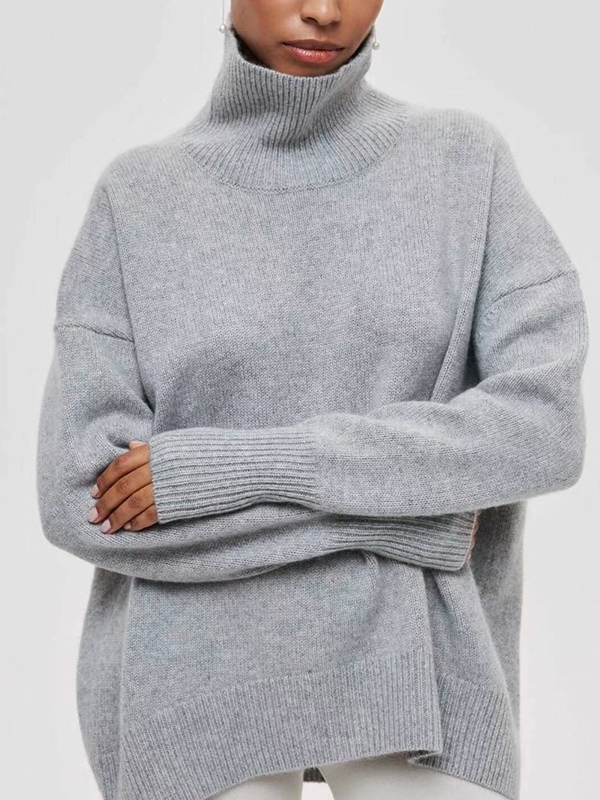 Solid High Neck Loose Sweater-2