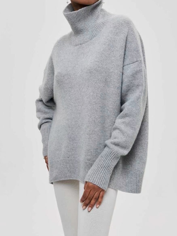 Solid High Neck Loose Sweater-3